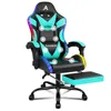 A black and cyan gaming chair with LED lighting and a footrest, shown on a white background. Produktbild-Vorschau