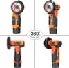 A collage of four images showing a cordless angle grinder from different angles, with a 360-degree icon in the center. Podgląd zdjęcia produktu