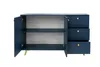 A navy blue sideboard with its doors and one drawer open, revealing shelves and drawers inside. It has gold accents on the handles and legs. Podgląd zdjęcia produktu