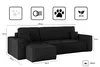 A diagram of a black sectional sofa with dimensions and feature icons. Podgląd zdjęcia produktu