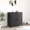 A black metal cabinet with two doors and wheels, placed against a white wall with a piece of abstract art above it. There are decorative vases and a plant nearby. Anteprima dell’immagine prodotto