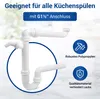 A white plastic siphon for a kitchen sink, shown with descriptive text and icons. Produktbild-Vorschau