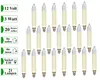 A grid of small, cream-colored candle-shaped light bulbs with clear tips, arranged on a white background. To the left, there are green rectangular labels with white text indicating specifications like voltage, wattage, and intended use. Produktbild-Vorschau