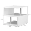 A white S-shaped side table with dimensions indicated by measurement lines and text. Produktbild-Vorschau