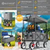 A KESSER® outdoor wagon is shown in a mountainous landscape, with various features highlighted through text overlays and inset images. Produktbild-Vorschau