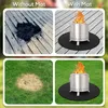 Collage showing the protective effect of a fire pit mat on wooden decks and grass. Produktbild-Vorschau