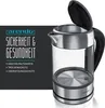 A glass and stainless steel electric kettle is shown with a lid open, next to a dark grey panel with text and bullet points. Podgląd zdjęcia produktu