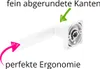 A white door fitting with arrows and text highlighting its features. Produktbild-Vorschau