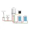 A diagram illustrating a home heating and hot water system, showing a heater, thermostat, radiators, shower bath, and wash basin, with associated plumbing. Produktbild-Vorschau