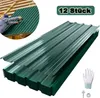 A stack of green corrugated metal roofing sheets with a small inset image of a person installing them. Produktbild-Vorschau