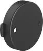 A 3D render of a black, round surveillance camera with a mounting bracket on the side and two screw holes on the front. Produktbild-Vorschau