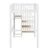 A white metal loft bed with wooden steps and shelves, shown from the front against a white background. Podgląd zdjęcia produktu