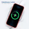 A red phone case is shown on a wireless charger with the phone displaying a charging animation. Produktbild-Vorschau
