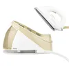 A white and beige steam iron station with a white iron resting on top. Produktbild-Vorschau