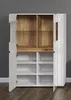 A white highboard cabinet with open doors, showing its interior shelves and wooden back panel. Produktbild-Vorschau