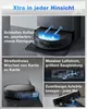 Collage of images showcasing features of a robot vacuum cleaner. Produktbild-Vorschau