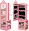 A pink jewelry cabinet with a mirror and storage shelves, displayed in a room setting. Podgląd zdjęcia produktu