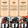 A collage showing a kitchen mixer with different attachments and descriptions of their uses, along with images of food prepared with the mixer. Produktbild-Vorschau