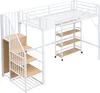 A white metal loft bed with wooden steps and shelves, shown against a white background. Podgląd zdjęcia produktu