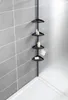 A corner shower caddy with four shelves, holding toiletries and a loofah. Náhled obrázku produktu