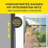 A woman is shown installing a retractable insect screen in a window frame. The image highlights the product's features and ease of use. Produktbild-Vorschau