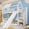A white wooden bunk bed with a slide and stairs in a child's room. Produktbild-Vorschau