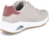A side view of a gray Skechers Uno sneaker with a pink accent on the heel. Produktbild-Vorschau