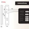 A diagram showing the dimensions and specifications of a door handle set, with a brand logo and instructional text. Produktbild-Vorschau