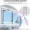 A bathroom mirror with integrated lighting and speakers, showcasing musical notes and a close-up of a speaker grille. Podgląd zdjęcia produktu