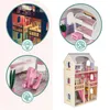A collage of images showcasing a wooden dollhouse with furniture and LED lights, highlighting different rooms and features. Voir les images du produit