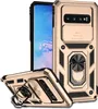 A gold-colored phone case with a ring stand and a sliding camera cover is shown from multiple angles against a white background. Produktbild-Vorschau