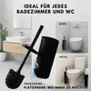 A black toilet brush and holder set is shown in a bathroom setting, with smaller inset images demonstrating its use in an office and a hotel. Anteprima dell’immagine prodotto
