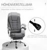 A grey office chair with a footrest is shown in the center of the image, with text and a diagram explaining its height adjustment feature on the right side. The chair is on a white pedestal with casters visible at the base. Náhled obrázku produktu
