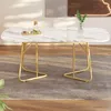 A white marble-look dining table with gold legs, set on a gray rug in a room with wooden flooring and artwork on the wall. Anteprima dell’immagine prodotto