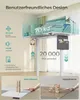A white standing desk with various features highlighted with text and icons, and two comparison shots of stability. Produktbild-Vorschau