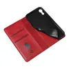A red leather flip phone case is shown open, revealing the interior card slots and a black phone holder. Produktbild-Vorschau