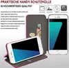 A marketing image showcasing a pink flip phone case with a smartphone inside, highlighting its features. Produktbild-Vorschau