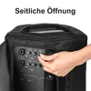 A hand is shown adjusting a knob on the back panel of a speaker, which is partially covered by a black protective sleeve. Produktbild-Vorschau