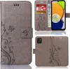A collage showing a grey flip phone case with a floral and butterfly design, featuring card slots and a stand function, along with a Samsung Galaxy A03 phone inside. Produktbild-Vorschau