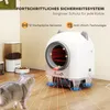 A self-cleaning cat litter box is shown in a home environment with a cat nearby, along with promotional text highlighting its features. Produktbild-Vorschau