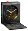 A black Braun alarm clock with its cover open, revealing a detailed chart inside. Voir les images du produit