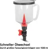 A clear product shot of an oil funnel with a valve and measurement markings, set against a white background. Text below describes its function and capacity. Podgląd zdjęcia produktu