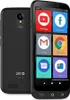 A black smartphone is shown from the front and back, displaying its interface with large icons. Voir les images du produit