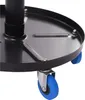 A close-up view of the base of a rolling stool, showing the black metal tray and blue casters. Produktbild-Vorschau