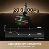 A vacuum cleaner head is shown with green light indicating suction, above a graph illustrating suction power at different positions. Large numbers indicating suction power are in the background. Produktbild-Vorschau