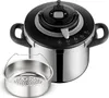 A close-up studio shot of a Tefal pressure cooker and its steaming basket. Voir les images du produit