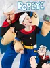 A father and son dressed as Popeye characters, with a cartoon Popeye illustration at the bottom right. Produktbild-Vorschau