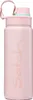 A pink water bottle with a light blue accent on the lid and a pink strap. Voir les images du produit