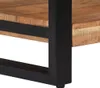A close-up view of the corner of a wooden table with a black metal frame. Produktbild-Vorschau