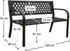 A black metal garden bench with dimensions indicated by measurement lines and text. Anteprima dell’immagine prodotto